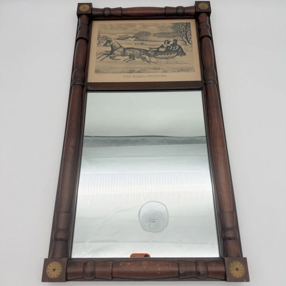 Currier Ives VTG Adams' Cabinet Shop Wall Mirror Currier & Ives Print Wood Frame
